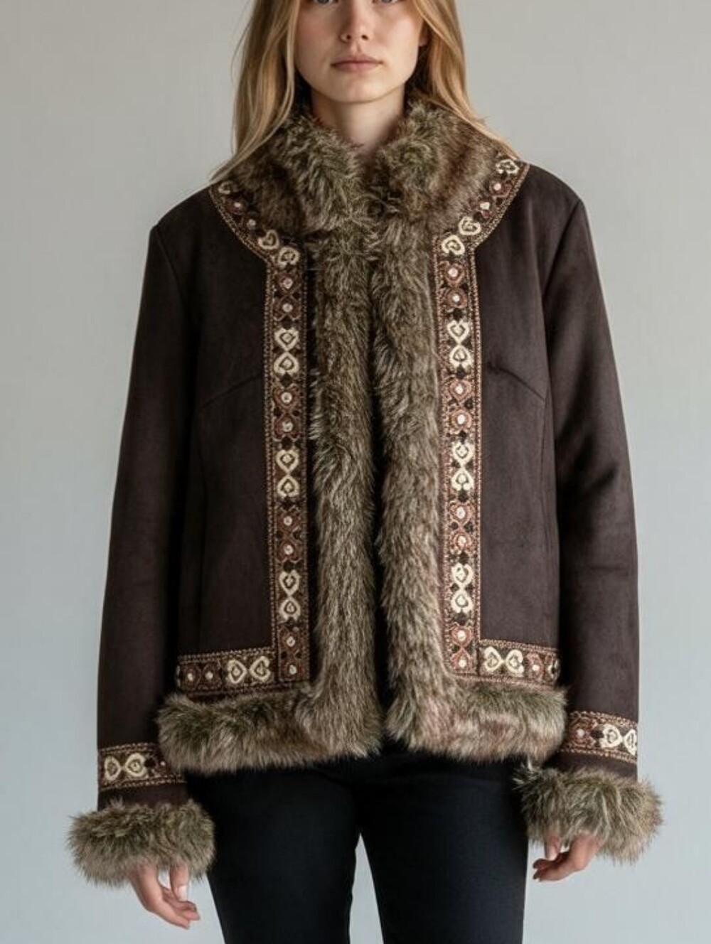 Vintage Manteaux Women’s Faux Fur Trim Embellished Boho Suede-Look Jacket Size L